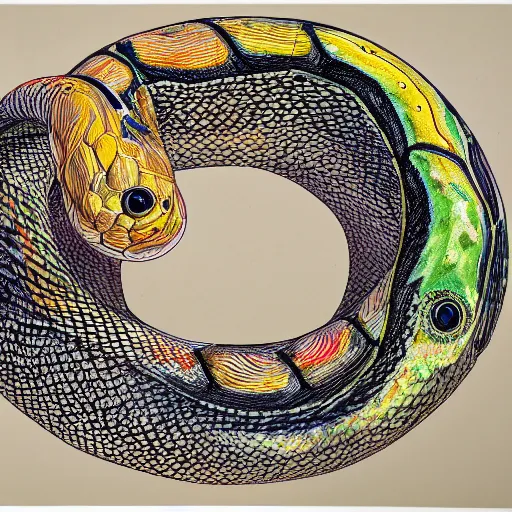 Prompt: ouroboros snake biting its own tail in a circle, tinted colours, highly detailed scales and head, painting in the style of Mark Grotjahn,