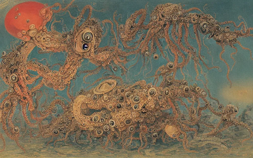 Image similar to complex alien technology in the form of a strange creature, with many eyes, tentacles and strange appendages by jean - honore fragonard and yasuo kuniyoshi, style of narrative realism