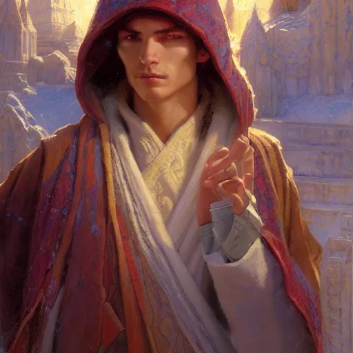 Prompt: a young, androgynous wizard with beautiful robes in an arctic temple, highly detailed painting by gaston bussiere, craig mullins, j. c. leyendecker, 8 k