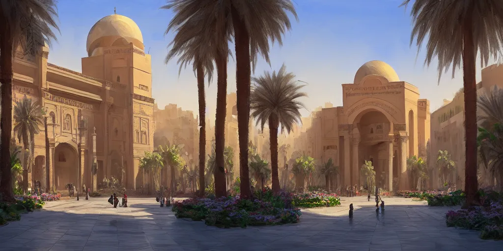 Prompt: a beautiful concept painting in the style of eddie mendoza with a landscape of the khedival opera house in talaat harb square cairo with lush landscaping, date palm trees, shrubs and flowers. eddie mendoza, trending on artstation