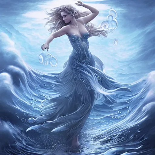 Image similar to powerful goddess of water clothed in swirling water striding through a stormy sea, dress made of water, highly detailed matte fantasy painting, rendered in octane, stormy lighting, by ross tran, by artgerm, by david suh, by peter mohrbacher