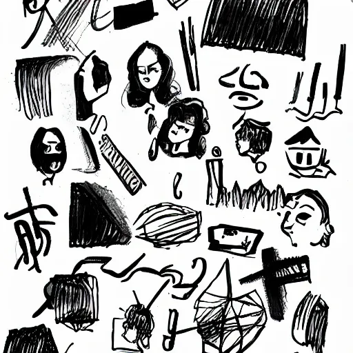 Prompt: black and white composition of a variety of doodles, drawings, faces, symbols, cartoons, lineart, chinese ink brush