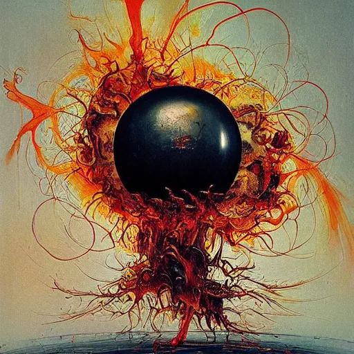 Image similar to a sphere being devoured by abstract splatters of paint in the style of francis bacon, venus being engulfed in flames in the style of james jean, surreal, beksinski, high detailed