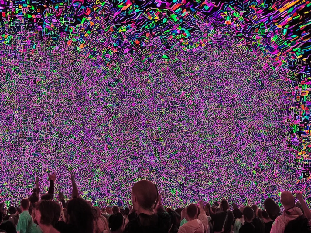 Prompt: group happy humans, many vortexes of overlapping translucent gigantic screens projecting beautiful random images, floating graphics, dripping light drops, hands touching light drops, supercomputers transforming text to images, perfect lighting pixel sorting