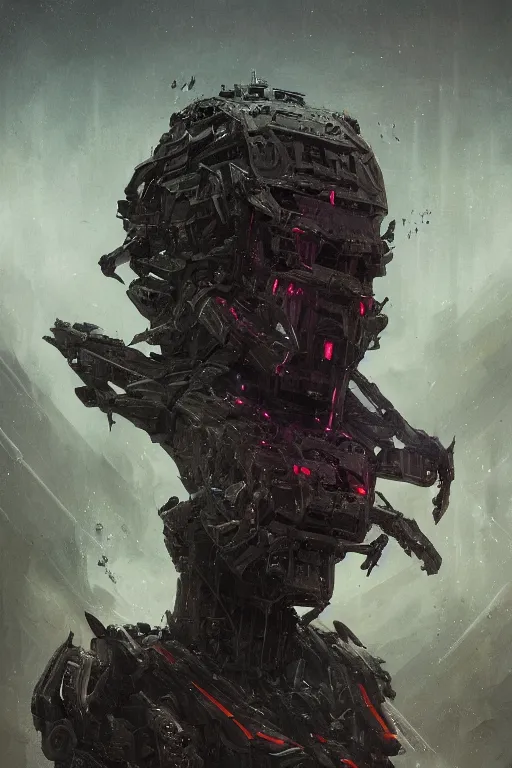 Image similar to A fancy portrait of a corrupted war machine by Greg Rutkowski, beeple, Sung Choi, Mitchell Mohrhauser, Maciej Kuciara, Johnson Ting, Maxim Verehin, Peter Konig, final fantasy, macro lens, 35mm, 8k photorealistic, cinematic lighting, HD, high details, dramatic, dark atmosphere, trending on artstation