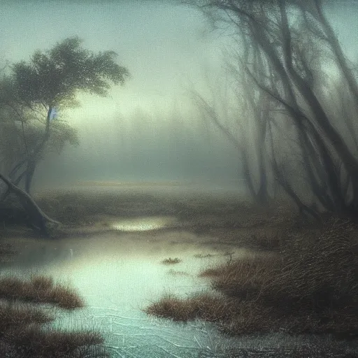 Image similar to resin painting, white horse is neck deep in the mud of the swamp of sadness. Swampy, in the style of hudson river school, dark, volumetric lighting, crepuscule, octane render