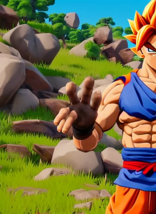 Image similar to game still of a sayan goku as a fortnite skin in fortnite by fortnite, pose.