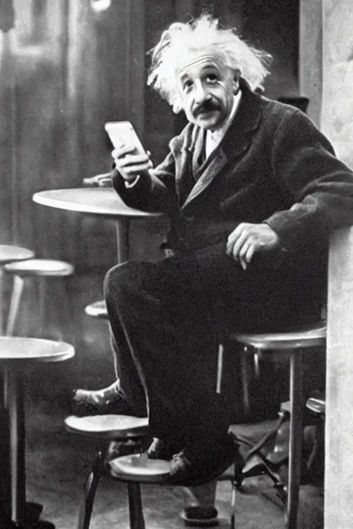 Prompt: a high quality photo of albert einstein sitting in a coffee shop looking at his iphone. cozy scene, cinematic lights. epic.