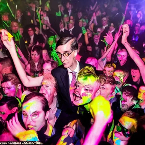 Image similar to jacob rees - mogg at a rave surrounded by dayglo ravers, dramatic angle