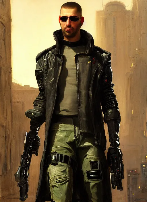 Image similar to big mike. cyberpunk hacker wearing a military vest and combat gear. (Cyberpunk 2077, bladerunner 2049). Iranian orientalist portrait by john william waterhouse and Edwin Longsden Long and Theodore Ralli and Nasreddine Dinet, oil on canvas. Cinematic, hyper realism, realistic proportions, dramatic lighting, high detail 4k