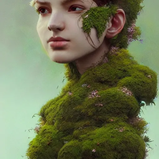 Prompt: a human figure made of moss and flowers, beautiful high quality realistic fantasy art, trending on artstation by artgerm and greg rutkowski and alphonse mucha