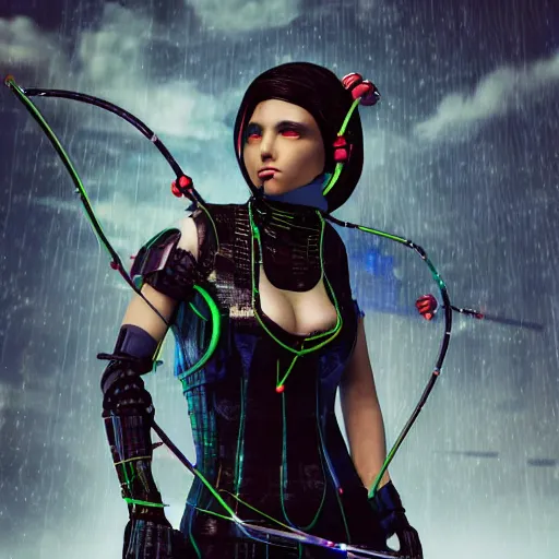 Image similar to photo of a cyberpunk female archer