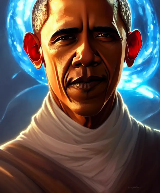 Image similar to Obama as a fantasy magic man portrait, sci-fi, amber eyes, face, fantasy, intricate, elegant, highly detailed, digital painting, artstation, concept art, smooth, sharp focus, illustration, art by artgerm and greg rutkowski and alphonse mucha