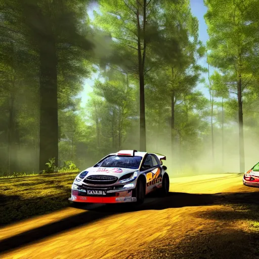 Prompt: 3 rally cars racing through a forest with a river behind them, sun shining through the trees, motion blur high detail ultra realistic