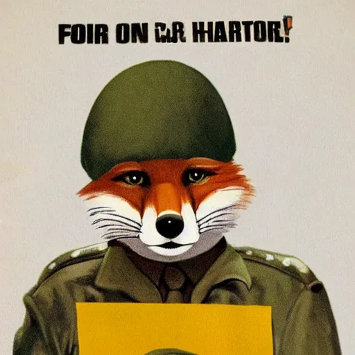 Image similar to fox animal dressed as a soldier in the style of a ww 2 propaganda poster