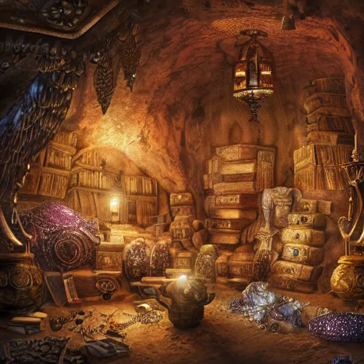 Image similar to epic view of an ancient dark byzantine cave interior, ornate oil lamp on a pile of crystals, books covered in jewels, ornate, surrounded by strange statues and treasure, full of sand and glitter, hyper real, Indiana Jones, Tomb Raider, trending on artstation, concept art, cinematic, jewels, hyperrealistic