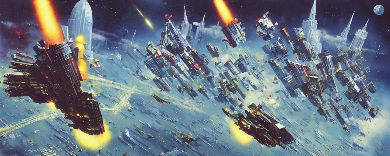 Prompt: a massive starship crashing into a city, chris foss