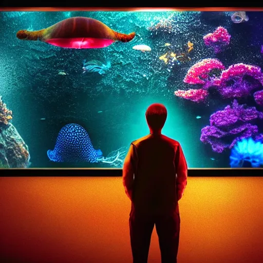 Prompt: over the shoulder photo of a man watching a giant aquarium, magic glowing jellyfish in glowing cosmic stardust, colorful stars, galaxies, space, award winning photo, intricate, high detail, atmospheric, desolate, artstation