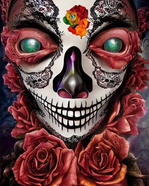 Image similar to dia de los muertos theme surrealist art in the styles of igor morski, jim warren, and a tim burton film, intricate, hyperrealistic, accurate facial details, profile picture with chromakey!!!!! background, volumetric lighting