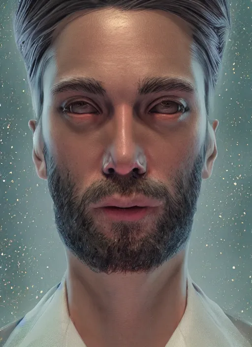 Image similar to masterpiece portrait of a cosmic god wearing tuxedo, au naturel, hyper detailed, digital art, trending in artstation, cinematic lighting, studio quality, smooth render, unreal engine 5 rendered, octane rendered, art style by klimt and nixeu and ian sprigger and wlop and krenz cushart