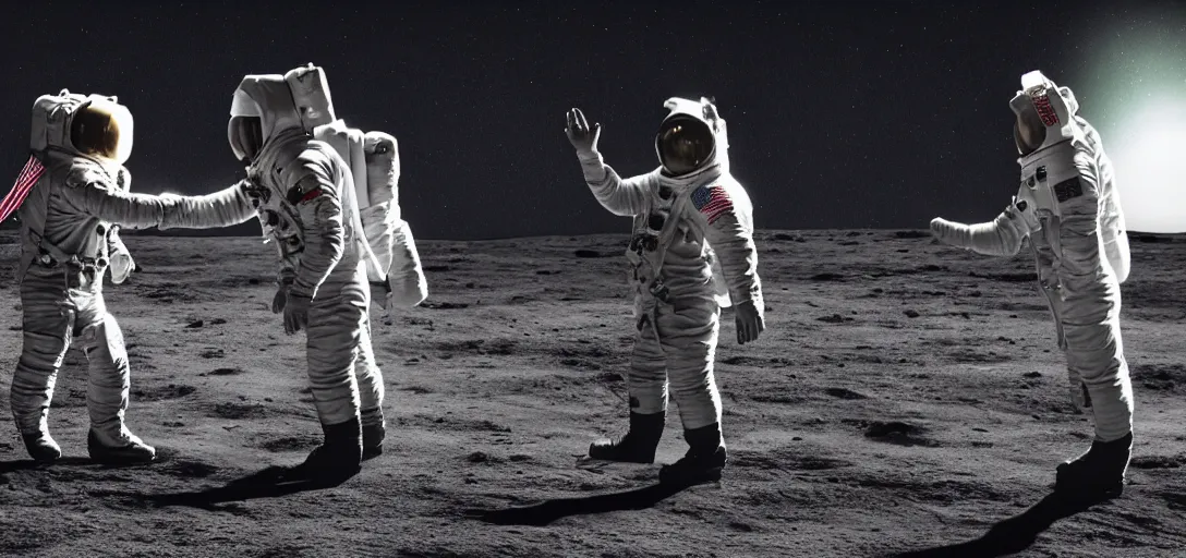 Image similar to JFK shaking hands with an alien on the moon 4k, award-winning art, digital art, matte painting, trending on artstation, 4k