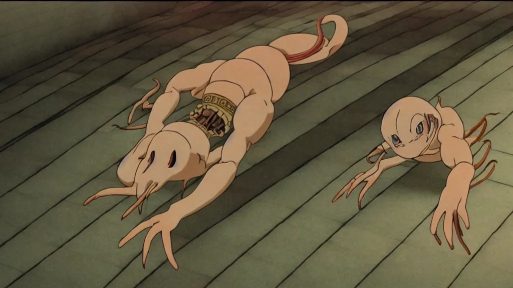 Prompt: a strange creature crawls on the ceiling of a Japanese temple, anime film still from the an anime directed by Katsuhiro Otomo with art direction by Salvador Dalí, wide lens