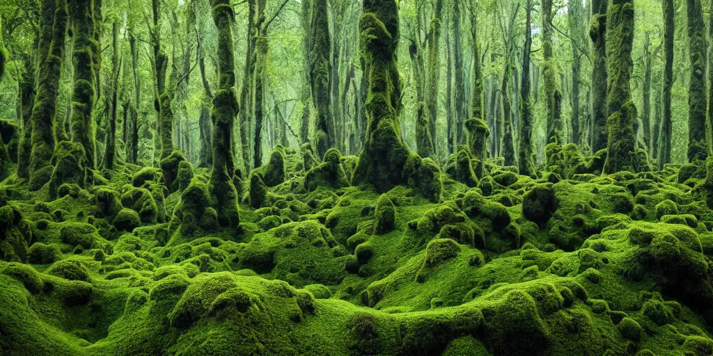 Image similar to photo of a landscape with lush forest, wallpaper, very very wide shot, iceland, new zeeland, green flush moss, national geographic, award landscape photography, professional landscape photography, ancient forest, sunny, day time, beautiful