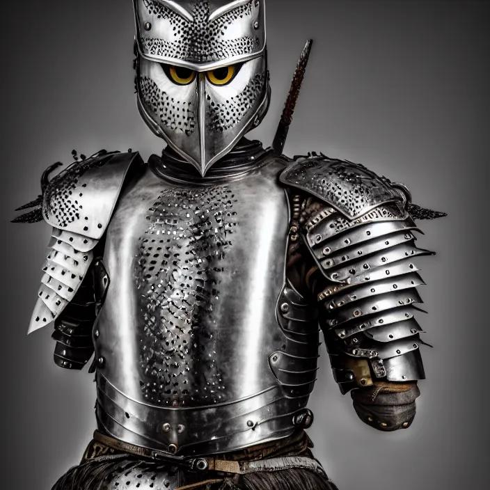 Image similar to portrait photograph of a warrior with metal owl armour. Extremely detailed. 8k