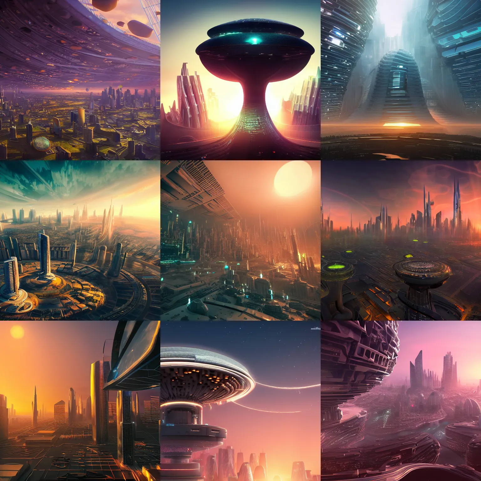 Prompt: futuristic city on top of a megastructure mushroom at sunset, trending on artstation, volumetric lighting, cinematic, breathtaking, pixiv, 8k, 4k, hd
