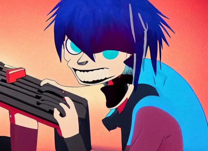 Image similar to 2 d from gorillaz playing a keyboard, blue hair, gorillaz style, jamie hewlett, animated music video screenshot