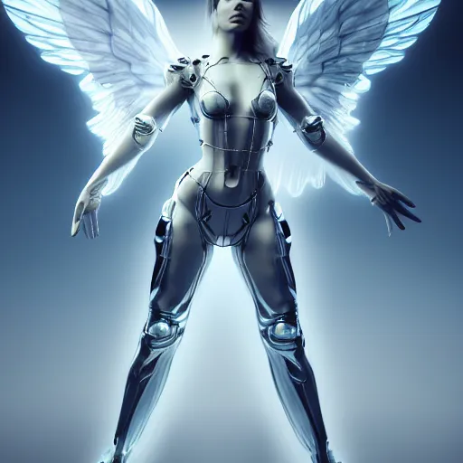 Prompt: beautiful full body shot render of an female angel in a light transparent futuristic glass armour with a rifle, clouds, hyper realistic, hyper detailed, octane render, cloudpunk, johannes voss, dynamic pose, flight, huge wings, wings made of glass, 8k, trending on artstation, concept art