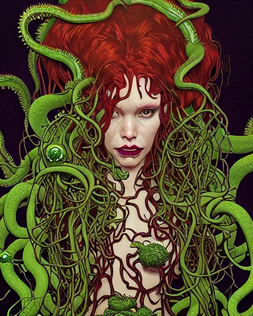 Prompt: closeup portrait the platonic ideal of flowers and roots of cletus kasady, venom, poison ivy, ultimate beautiful succubus medusa, cthulhu, intricate, hyperrealism, intense, dmt, artgerm, moebius, greg rutkowski, dan mumford, alphonse mucha