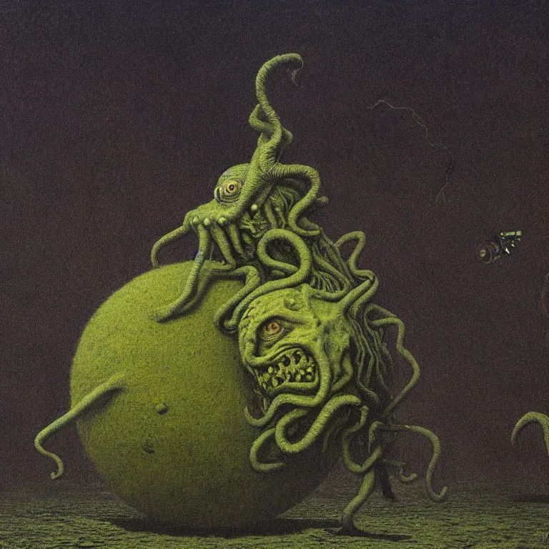 Prompt: a cinematic scene tennis ball monster from the cthulhu in nevada test side, lovecraft, concept art by beksinski and jean delville, dramatic lighting, ultra hd, hdr, 8 k