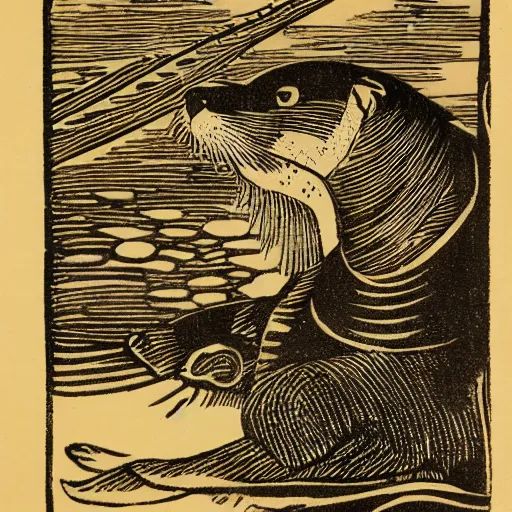 Image similar to woodblock print of an otter riding horseback