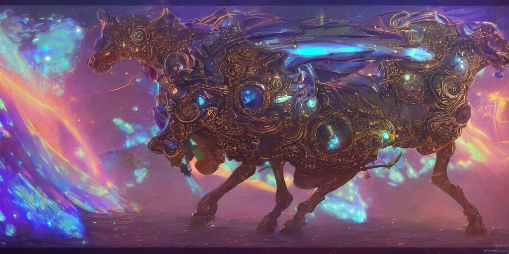 Image similar to cosmic steampunk opal mechanical horse, character design sheet, monster hunter illustrations art book, iridescent, blue flame, neon lights, armored, moebius, greg rutkowski, zabrocki, karlkka, jayison devadas, phuoc quan, trending on artstation, 8 k, ultra wide angle, zenith view, pincushion lens effect.