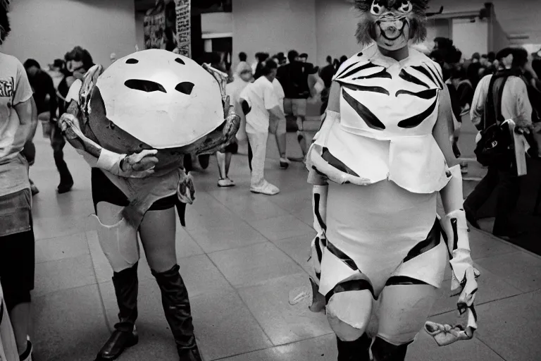 Image similar to cosplayer dressed like a crab, in 1 9 8 5, at an anime convention, royalcore, low - light photograph, photography by tyler mitchell