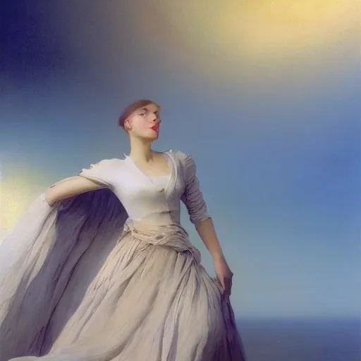 Image similar to a young woman's face, her hair is golden white and she wears an cobalt blue satin cloak, by ivan aivazovsky and syd mead and moebius and gaston bussiere and roger dean and pieter claesz and paul delaroche and alma tadema and aelbert cuyp and willem claesz, hyperrealistic, volumetric light, octane render