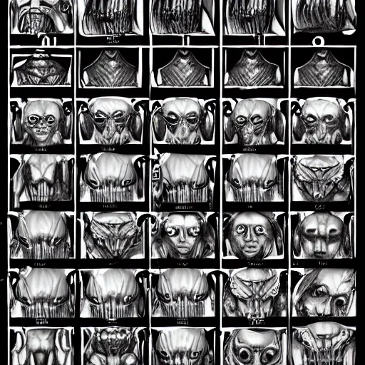 Image similar to human inspired by HR Giger, Character reference Sheet