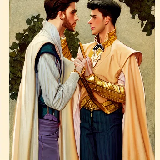 Prompt: attractive fully clothed king confesses his love for his attractive fully clothed male prince. highly detailed painting by glen keane and j. c. leyendecker 8 k