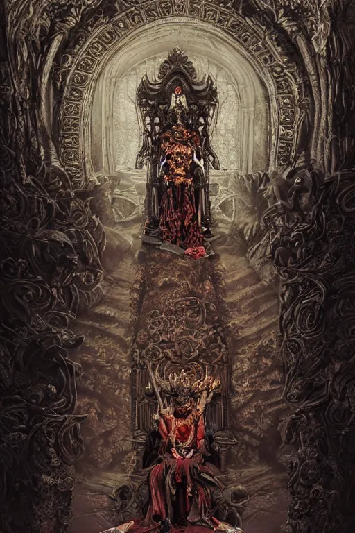 Prompt: portrait of wild jester figure in front of the throne, somber ambience, in style of dark fantasy art, in style of Midjourney, stylized, detailed and intricate, mandelbulber fractal, elegant, ornate, horror, elite, ominous, haunting, beautiful digital painting, cinematic, cgsociety, Zdizslaw Beksinski, James jean, Noah Bradley, Darius Zawadzki, vivid deep green colors and vibrant outlines