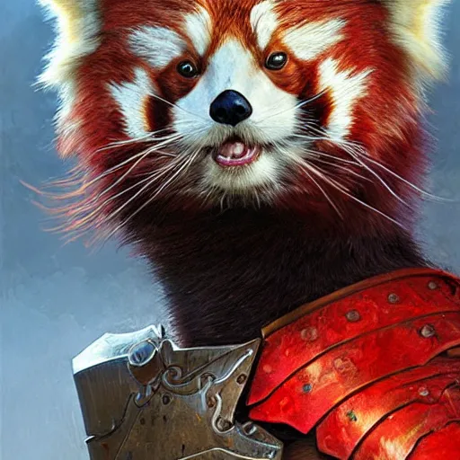 Image similar to red panda as a realistic fantasy knight, closeup portrait art by donato giancola and greg rutkowski, realistic face, digital art, trending on artstation, symmetry!!, no helmet