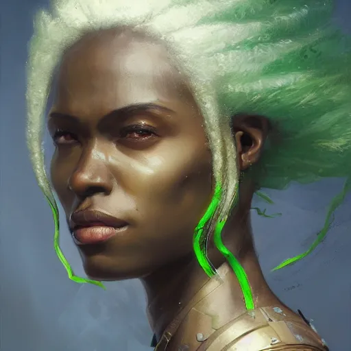 Image similar to A head-on detailed oil fantasy portrait of a black woman with green eyes and long white hair by greg rutkowski, trending on artstation, dungeon and dragons art