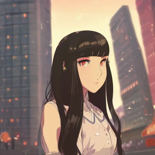 Image similar to a portrait of a beautiful girl with long black hair and bangs, wearing 1940's fashion, she has dark brown eyes and pale skin, she is facing towards the camera, city at nightime background, low-key neon lighting, 4k, HQ, official media, anime key visual, makoto shinkai, ilya kuvshinov, lois van baarle, rossdraws, detailed, trending on artstation