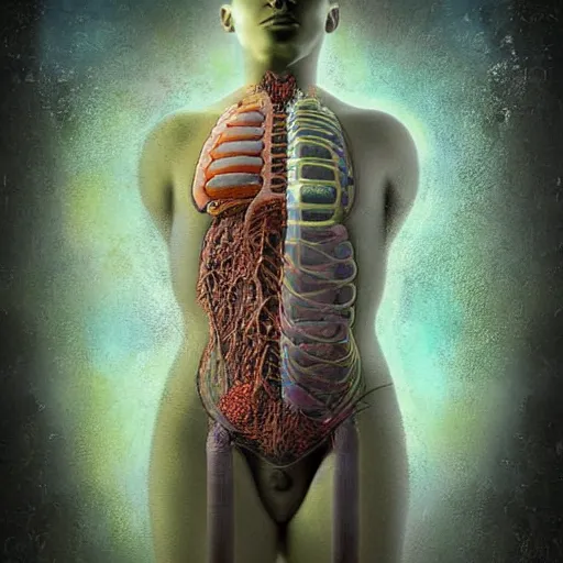 Image similar to an evolved human with new organs to thrive in a polluted environment, award winning digital art by philip hood