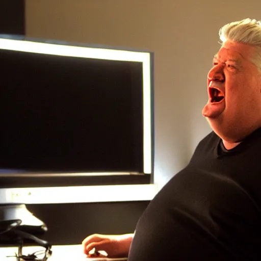 Prompt: obese David Lynch wearing a headset yelling at his monitor while playing WoW highly detailed wide angle lens 10:9 aspect ration award winning photography erasure head