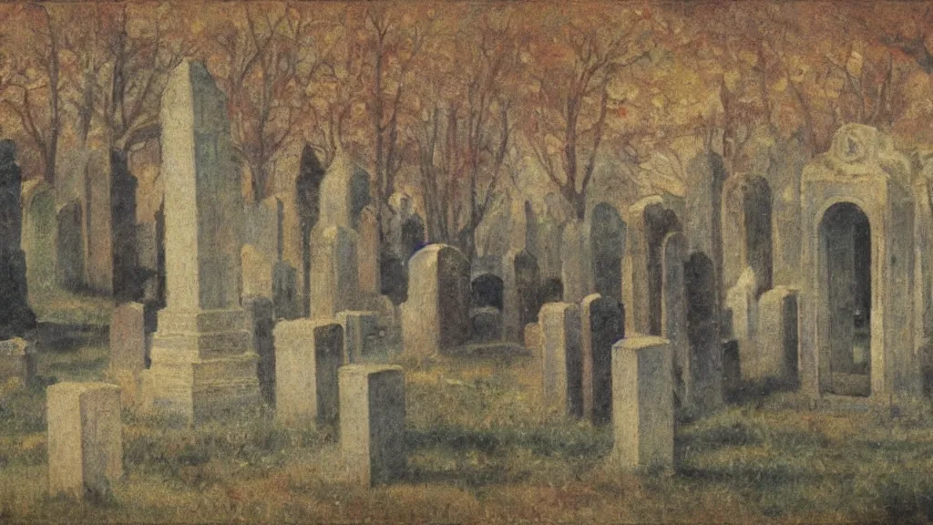 Prompt: gohsts in a cemetery symbolist painting