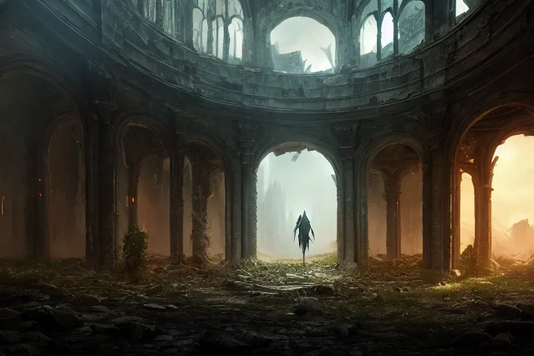 Image similar to lonely knight in abandoned ruins, middle shot, dark fantasy artwork, photorealistic, unreal engine 5, cinematic 4k wallpaper, 8k, ultra detailed, high resolution, artstation, award winning, by greg rutkowski