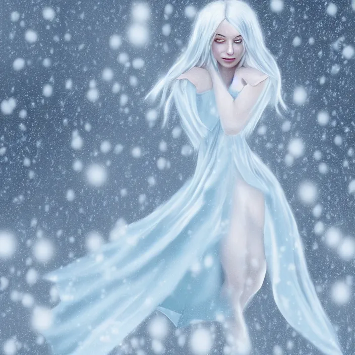 Image similar to full body portrait of a woman with pale blue hair wearing a covering white dress made out of snowflake in the middle of a heavy snowstorm. pale, sickly looking. digital art by maromi sagi