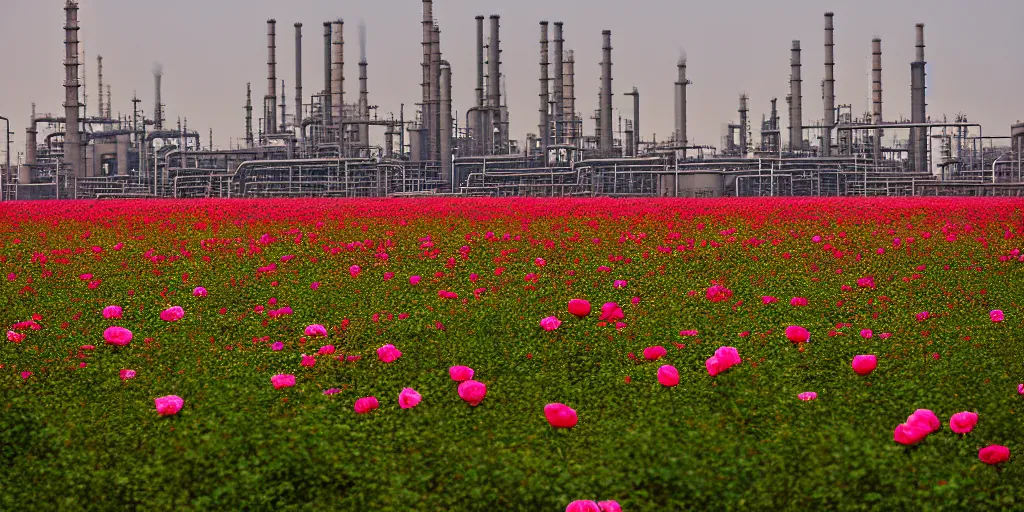 Image similar to a beautiful big field of rosses with in the background industry buildings with dirty smoke oil refinery, f / 2. 8, global illumination, by zeng fanzhi