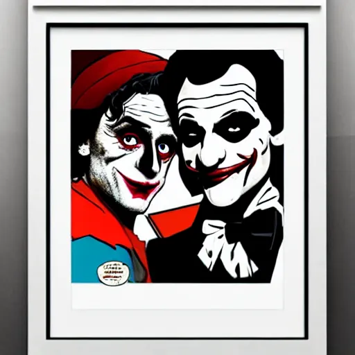 Image similar to ilya yefimovich repin and mimmo rottela and banksy as joaquin phoenix skinny joker, holding hand, lady gaga harley queen, ultra photorealistic, intricate details, pop art style, concept art, confident posse, random object details, 2 colours, warm color, 4 k, ultra smooth, sharp focus